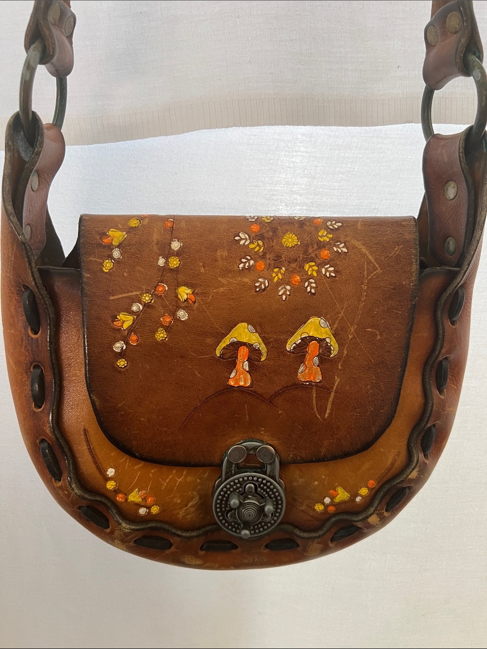 Vintage Hand-Painted Brown Leather Crossbody Bag with Floral & Mushroom Detail